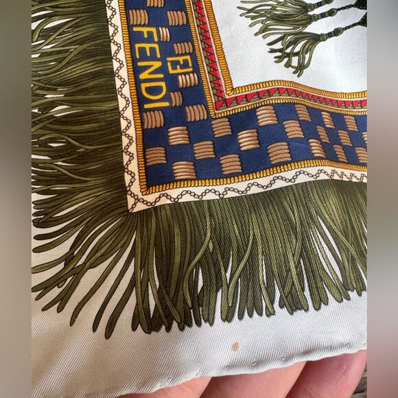 Vintage FENDI 100% Silk Scarf Tassel Rope Print 35x33” - Picture 14 of 14
